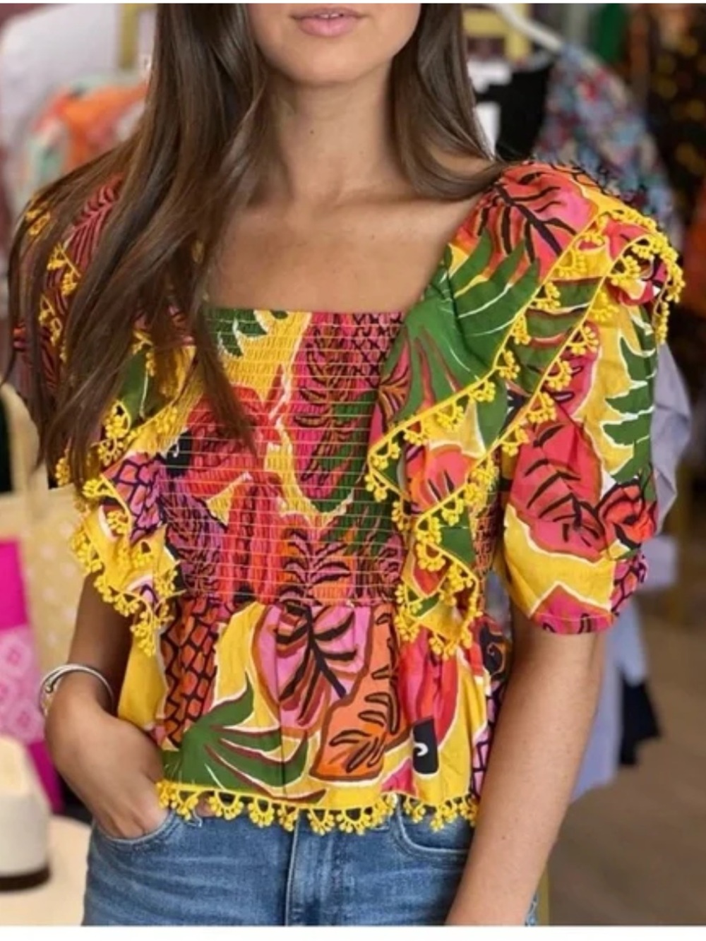 FARM Rio Yellow Tropical Smocked Ruffle Blouse with Pink & Green Accents